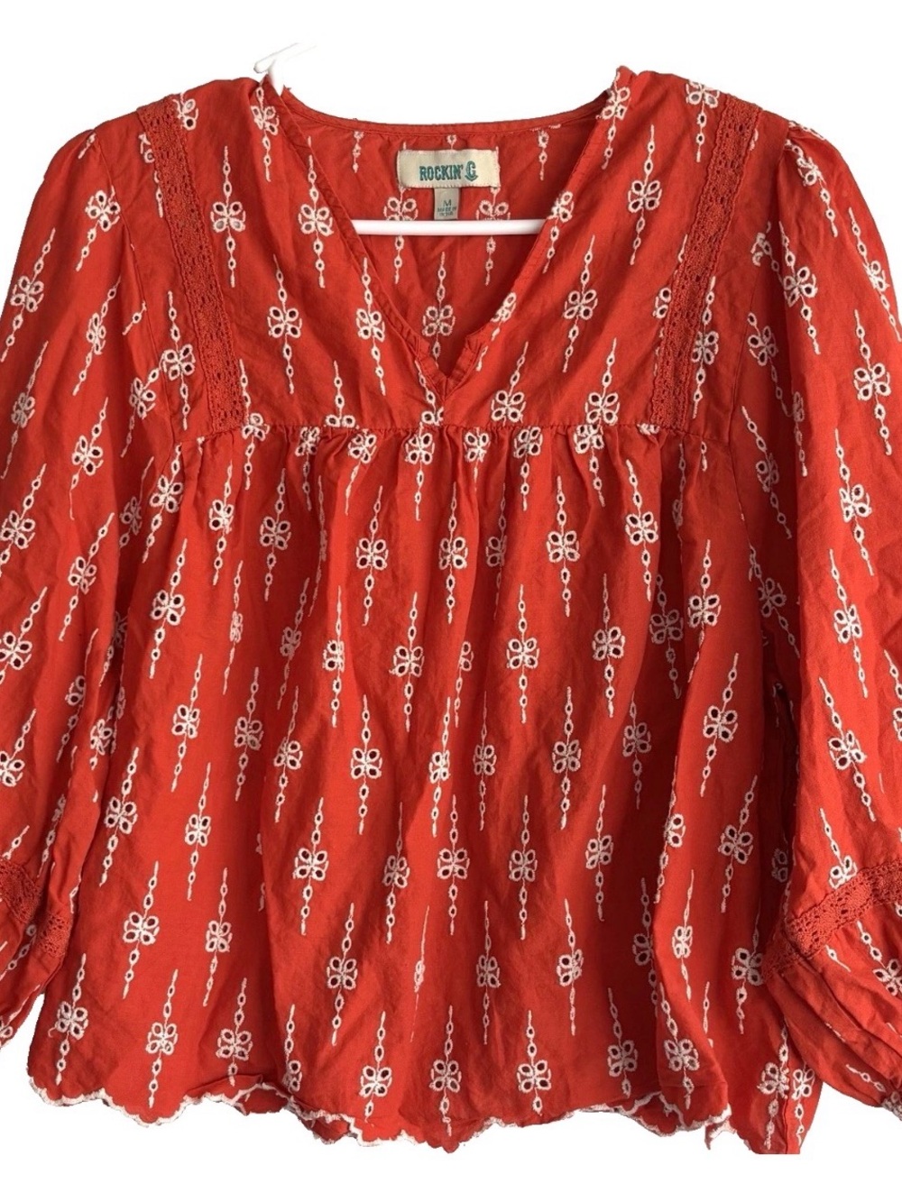 Rockin C Red Eyelet‎ Embroidered Boho Peasant Blouse V-Neck Puff Sleeve Small